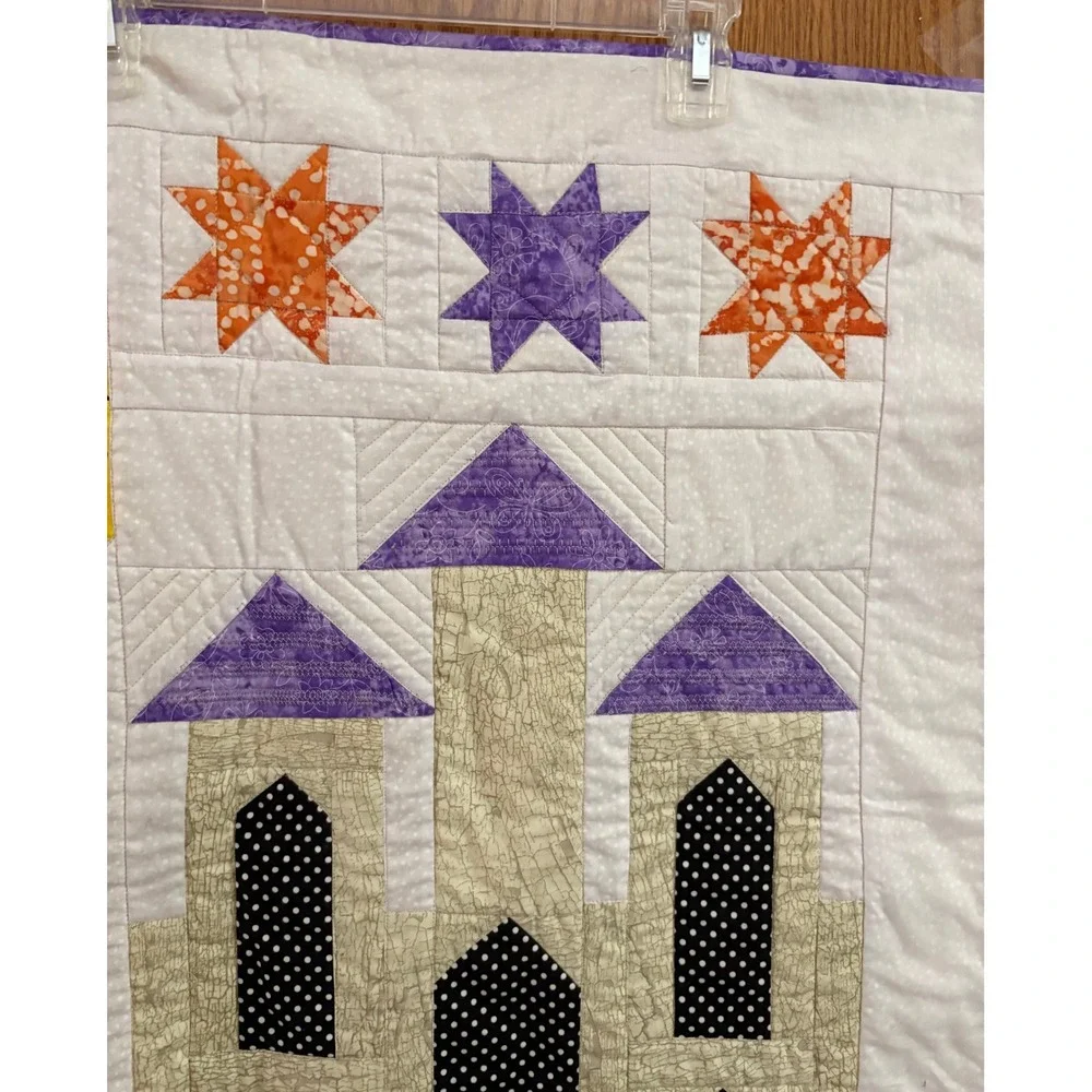 Handmade Halloween Quilt Wall Hanging Bat Moon Castle Cat Raven Script Fabric